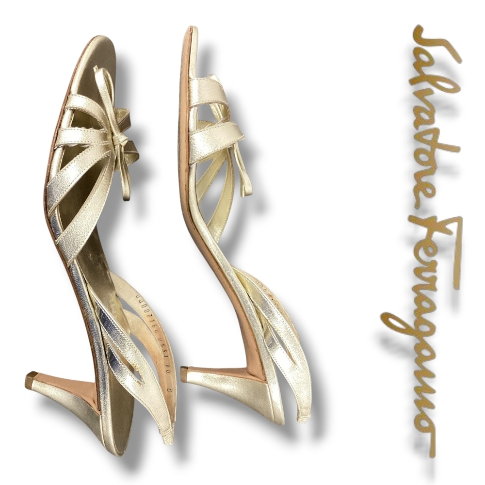 Salvatore FERRAGAMO Gold Kitten Heel Women's Leather Metallic Slingback Sandals - Picture 3 of 11